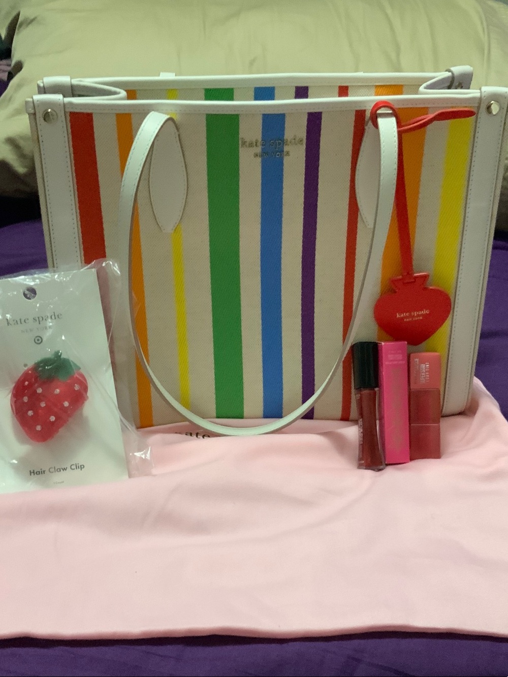 kate spade Multicolor Stripe White Tote with Heart Charm